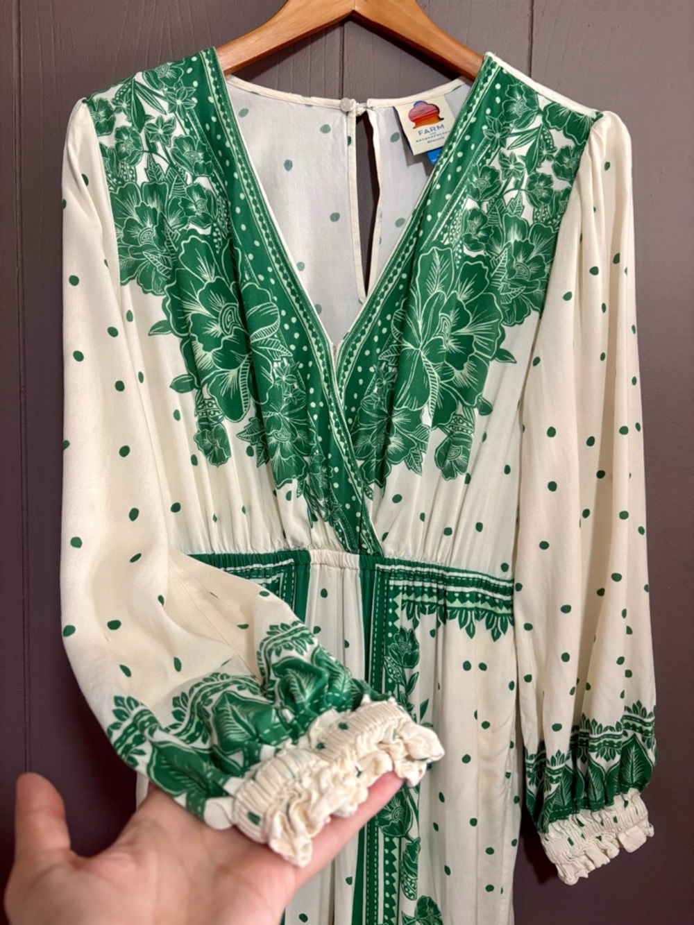 FARM RIO C ANTHROPOLOGIE Green & Cream Floral Dot Jumpsuit - Picture 5 of 10